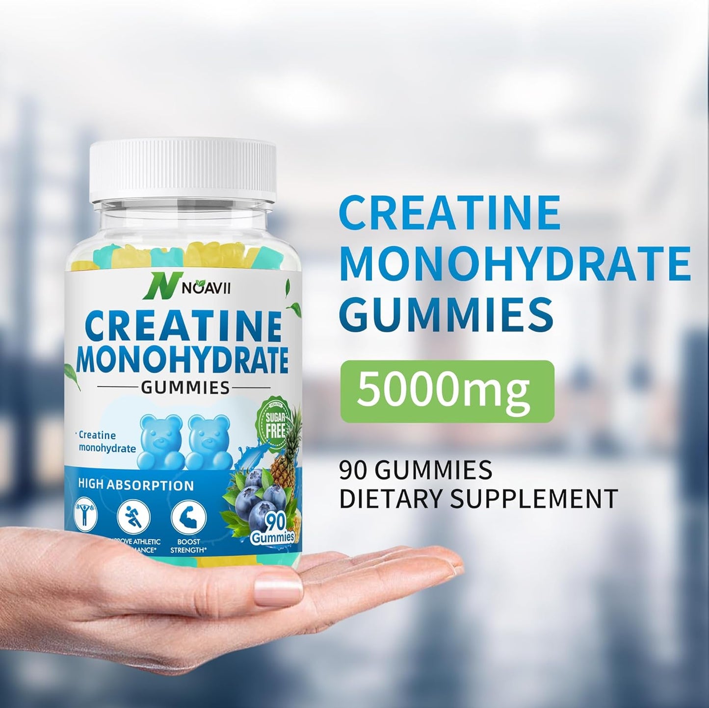 5000mg Creatine Monohydrate Gummies for Muscle Strength & Energy Boost - 90 Count Blueberry Pineapple Chewables for Men & Women