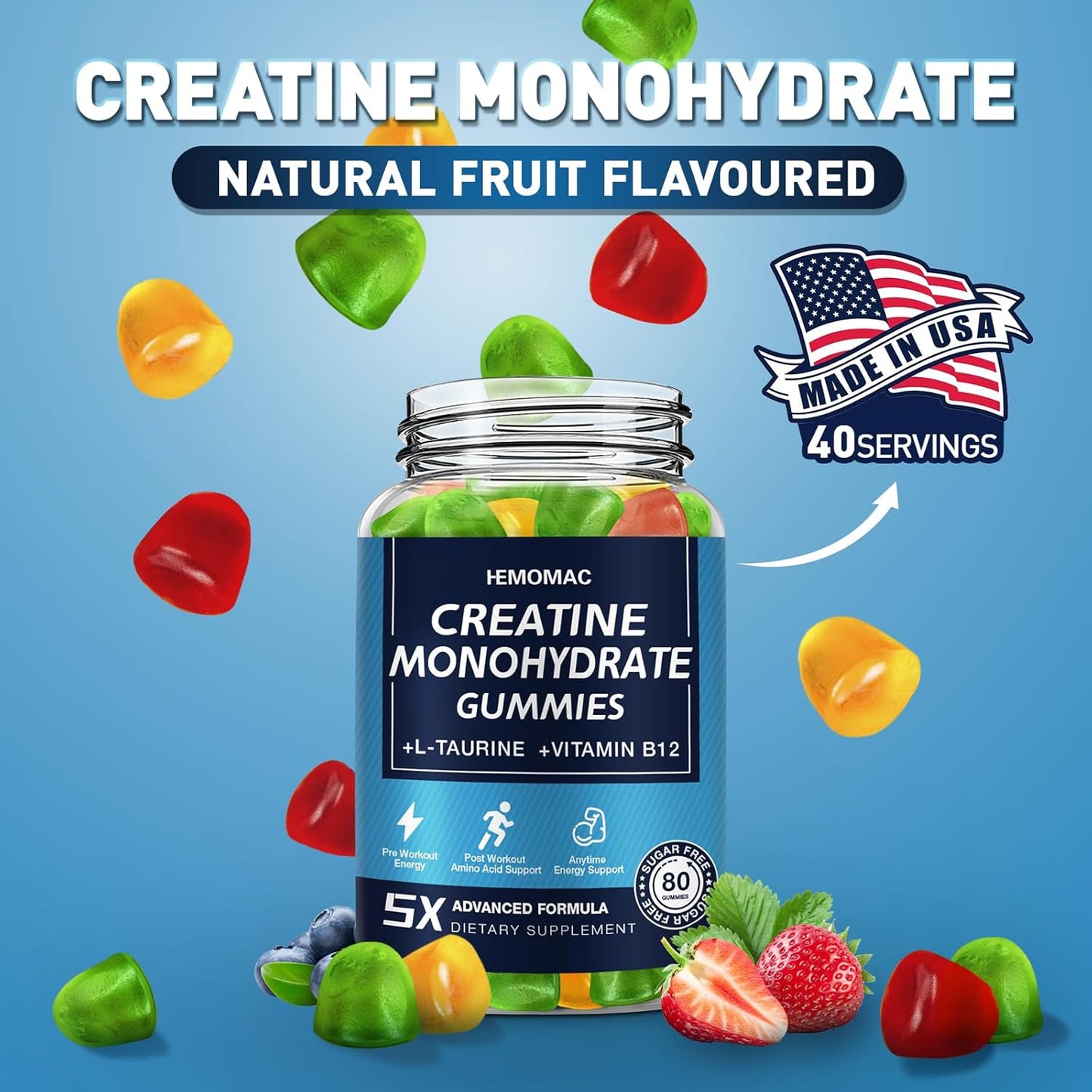 5000mg Creatine Monohydrate Gummies for Muscle Strength & Energy Boost - Vegan Workout Supplement for Men & Women - 1 Pack