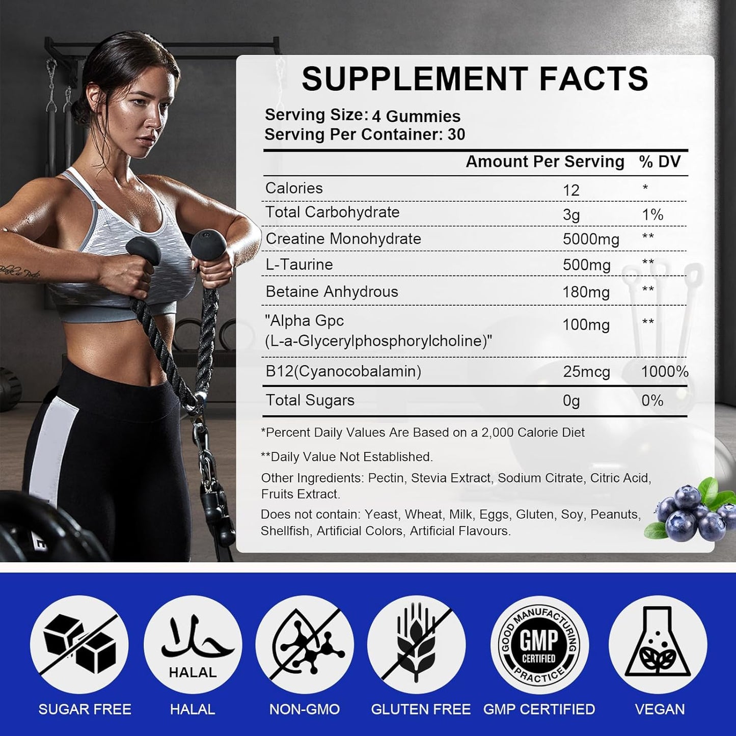 5000mg Lysimi Creatine Monohydrate Gummies for Men & Women - Muscle Strength, Builder, Energy Boost - Blueberry Flavor, 120 Count