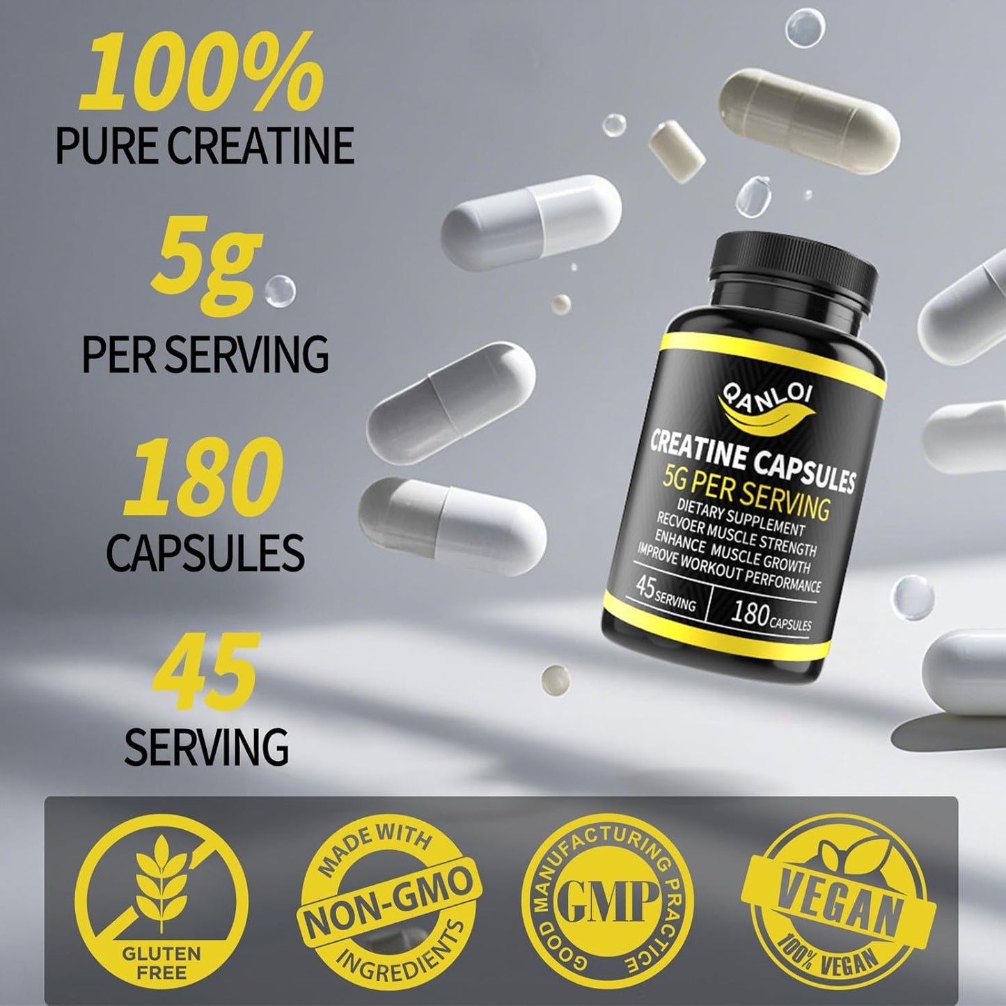 5,000mg Micronized Creatine Monohydrate Capsules for Muscle Growth & Energy - 180 Capsules, Non-GMO & Gluten Free - Male & Female Friendly