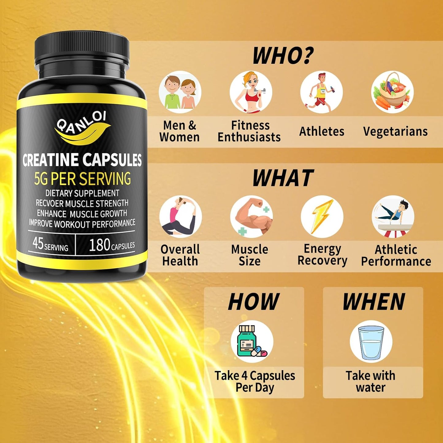 5,000mg Micronized Creatine Monohydrate Capsules for Muscle Growth & Energy - 180 Capsules, Non-GMO & Gluten Free - Male & Female Friendly