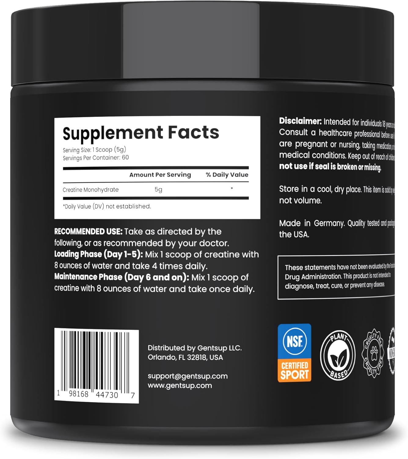 5000mg Unflavored Creapure Creatine Monohydrate Powder - 60 Servings for Muscle Growth, Strength & Performance - Non-GMO, Gluten-Free & NSF Certified
