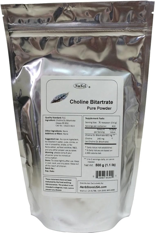 500g Choline DL-Bitartrate Pure Powder - Cognitive Enhancer Supplement for Memory and Focus