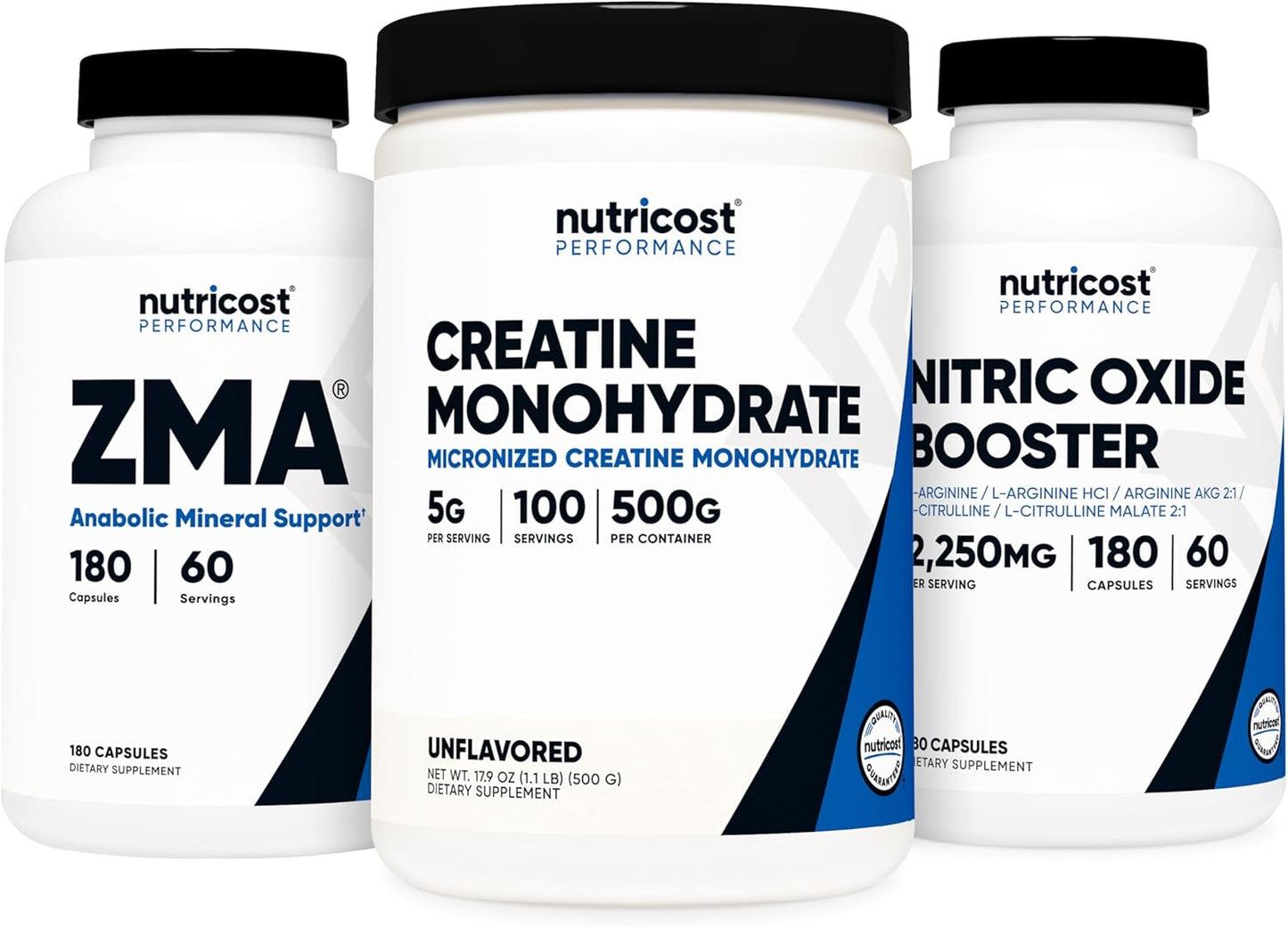 500g Creatine, 180 Nitric Oxide Capsules, and 180 ZMA Capsules Bundle from Nutricost