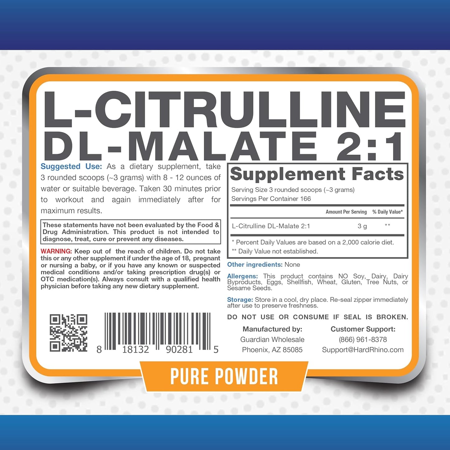 500g Hard Rhino L-Citrulline DL-Malate 2:1 Powder - Lab-Tested, Unflavored Supplement with Scoop