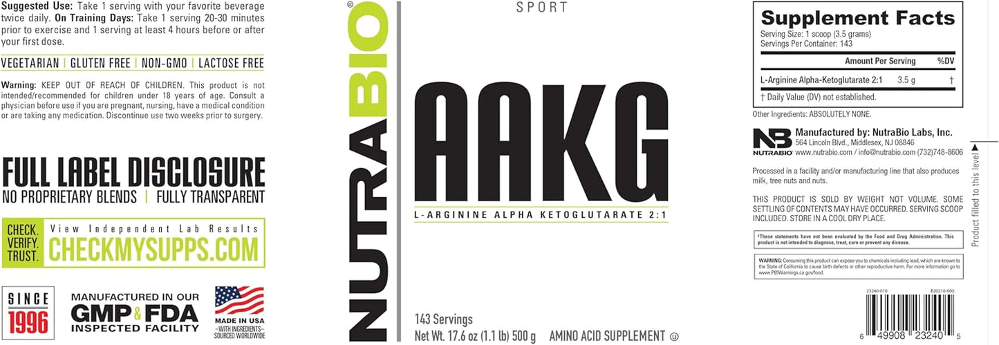 500g NutraBio Arginine AKG Powder for Lean Mass Gains, Nitric Oxide Boost, Muscle Growth