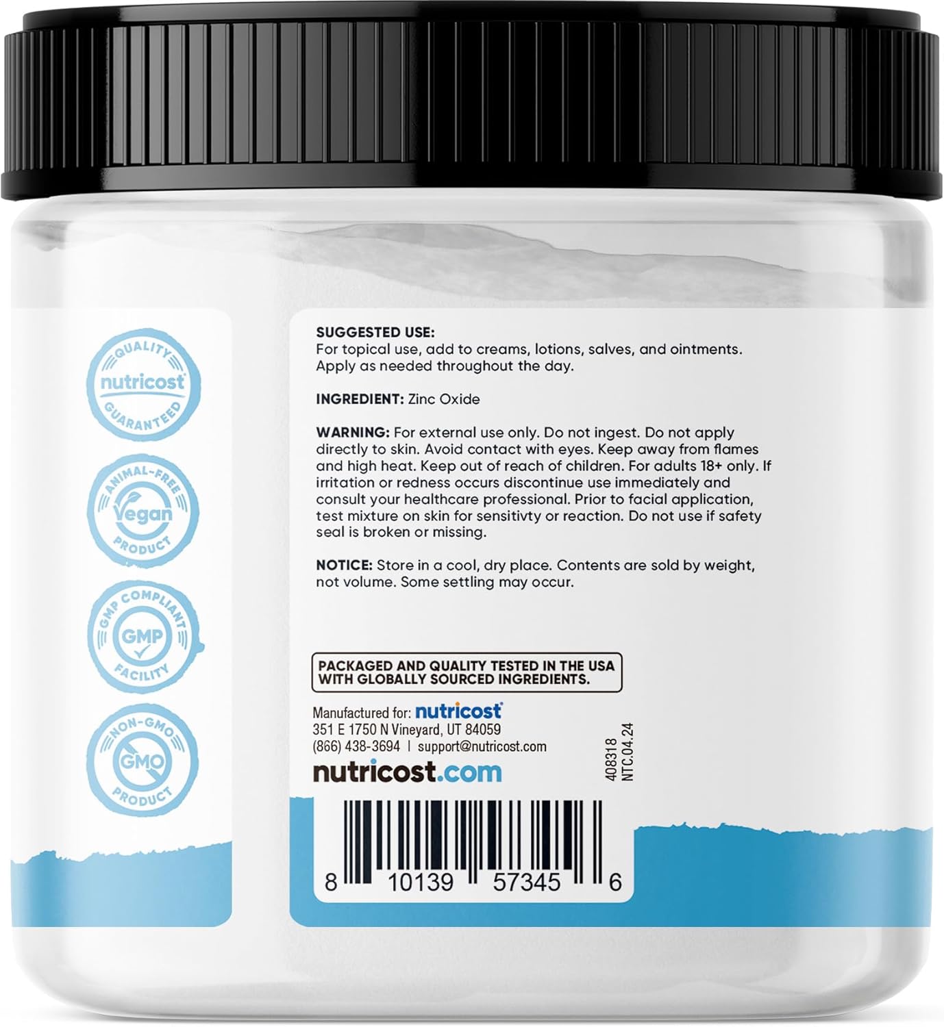 500g Nutricost Zinc Oxide Powder - Pure & Additive-Free - Vegan & Non-GMO - Nutricost Essentials