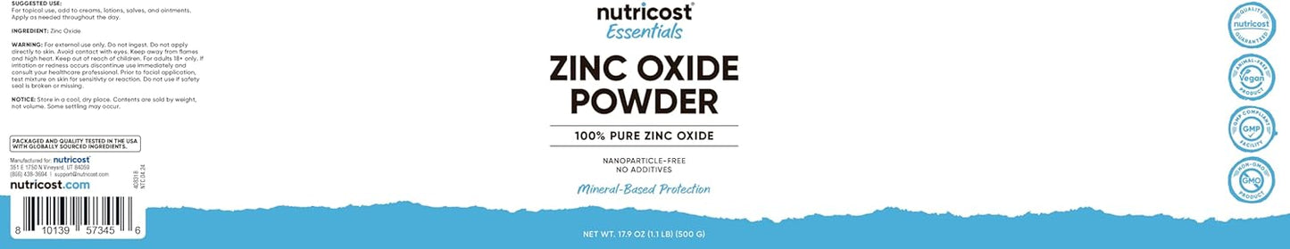 500g Nutricost Zinc Oxide Powder - Pure & Additive-Free - Vegan & Non-GMO - Nutricost Essentials