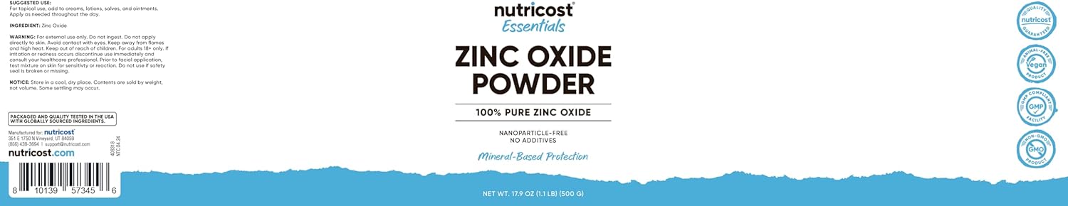 500g Nutricost Zinc Oxide Powder - Pure & Additive-Free - Vegan & Non-GMO - Nutricost Essentials