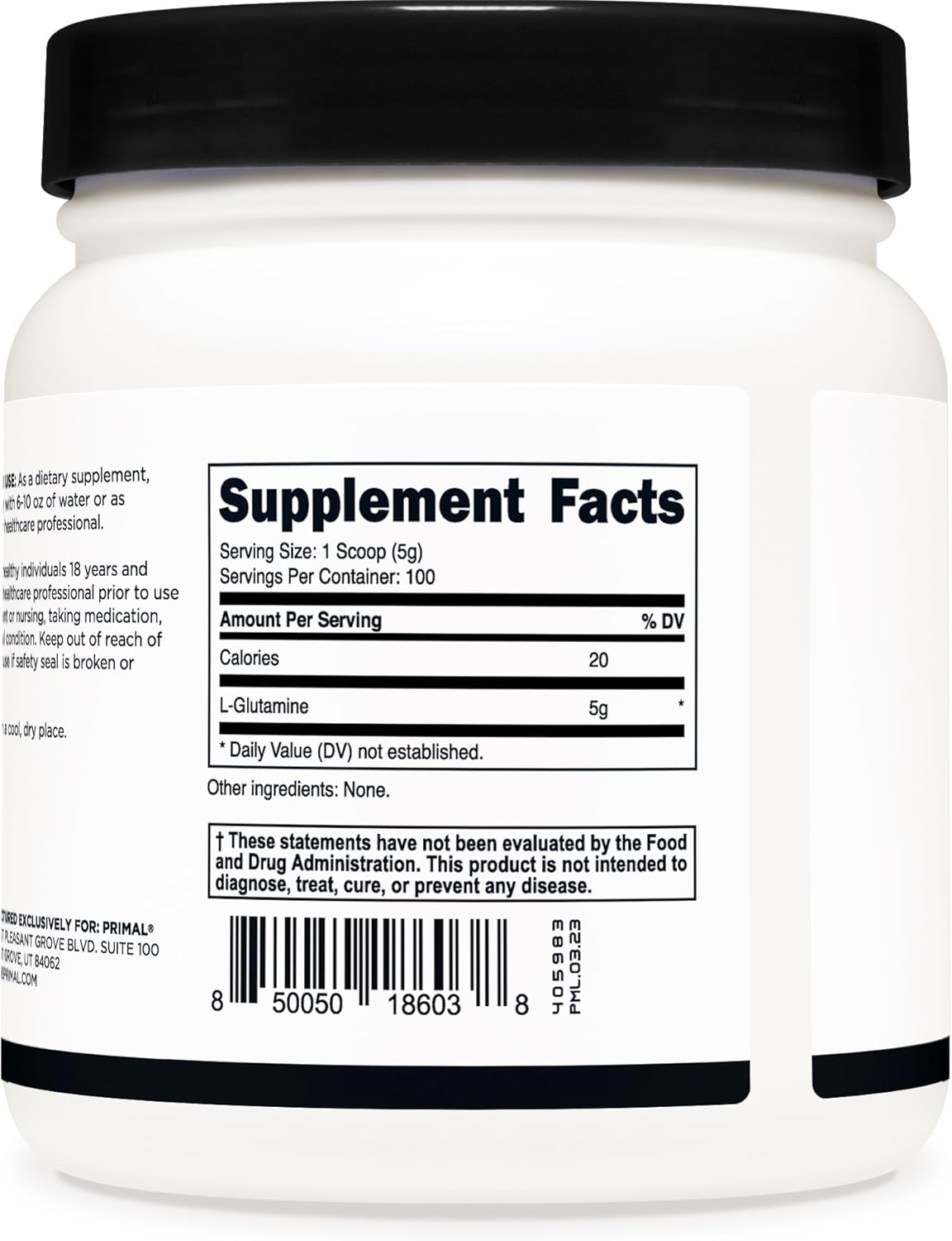 500g Primal L-Glutamine Powder - Unflavored Amino Acid for Sports Performance - Gluten Free, Non-GMO Supplement