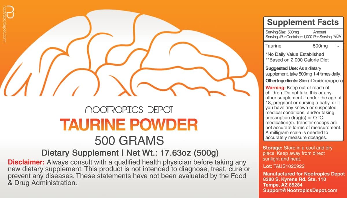 500g Taurine Powder by Nootropics Depot | Amino Acid Supplement for Metabolic Function & Cardio Health | Promotes Stress Relief