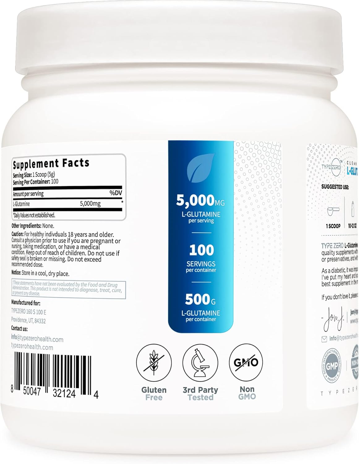 500G Type Zero L-Glutamine Powder: 3-Month Supply Vegan & Gluten-Free Supplement
