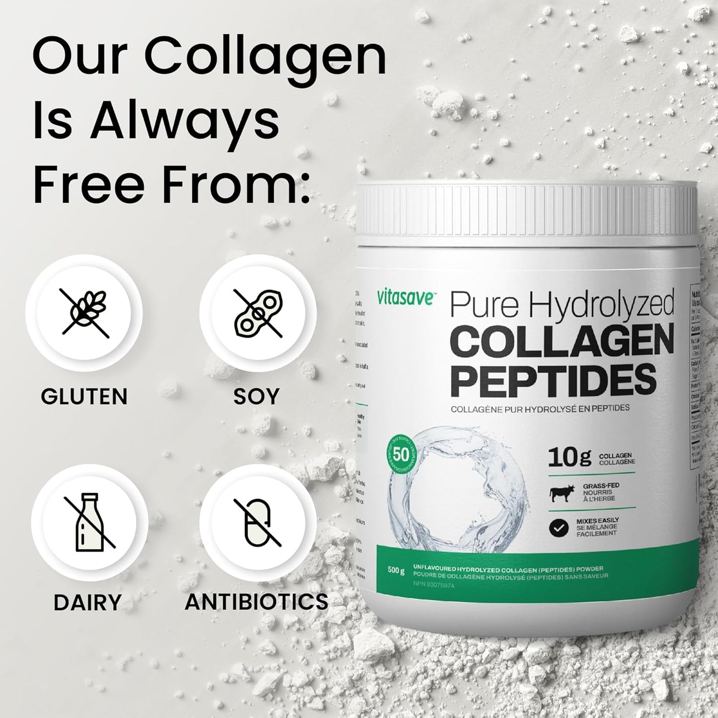 500g Vitasave Pure Collagen Peptides Powder - Grass Fed, Unflavoured - 20g per Serving - Enhanced Collagen Supplement