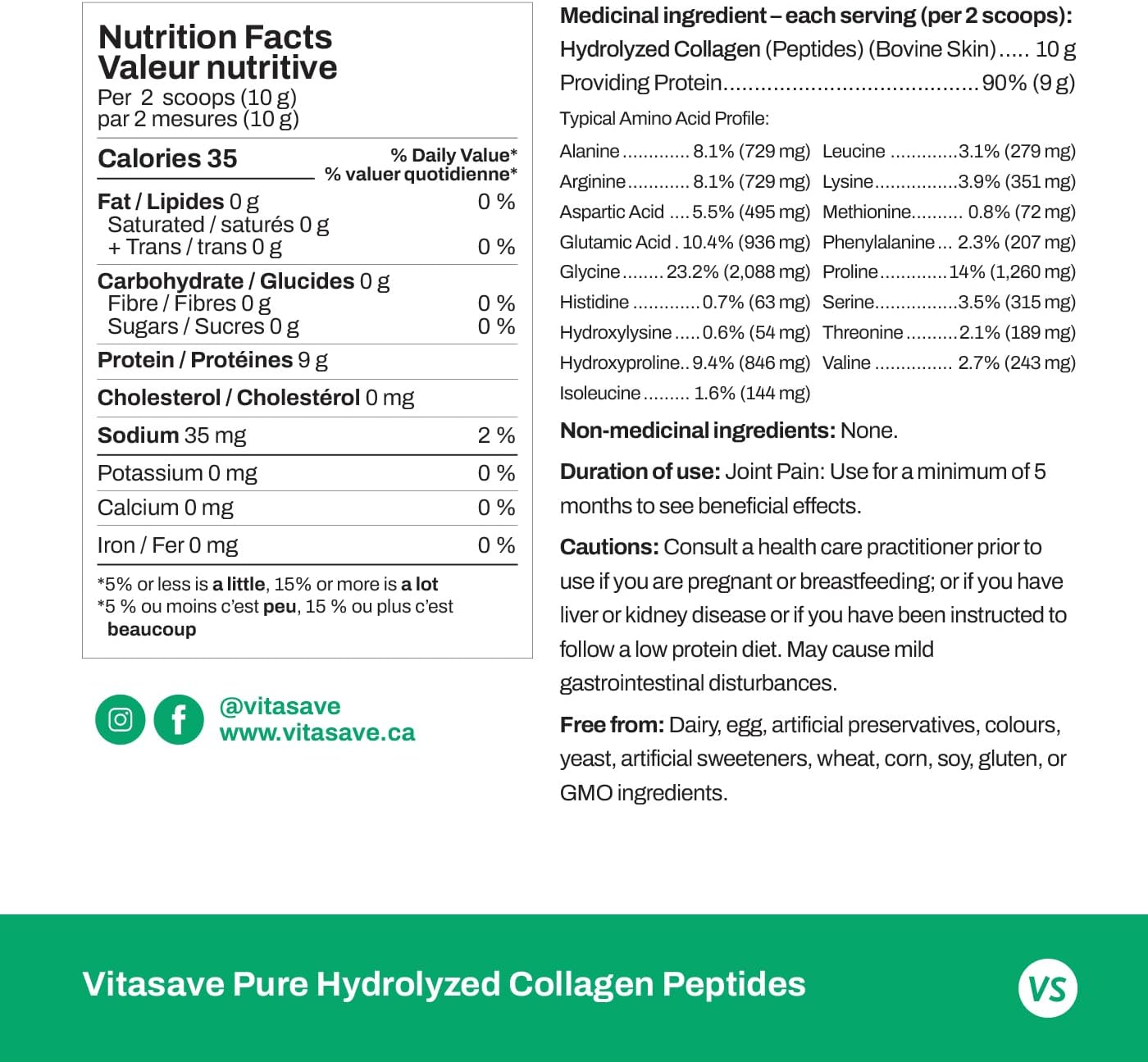 500g Vitasave Pure Collagen Peptides Powder - Grass Fed, Unflavoured - 20g per Serving - Enhanced Collagen Supplement