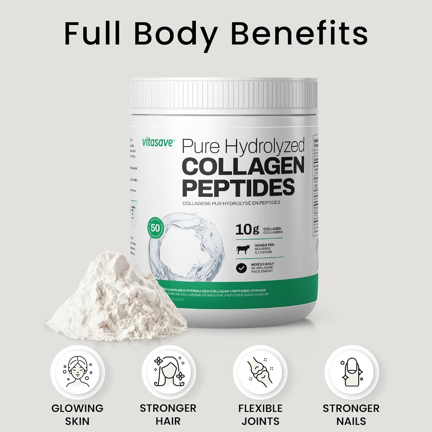 500g Vitasave Pure Collagen Peptides Powder - Grass Fed, Unflavoured - 20g per Serving - Enhanced Collagen Supplement