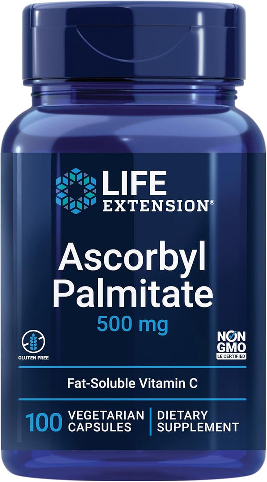 500mg Ascorbyl Palmitate: Immune Support & Longevity Supplement - 100 Capsules, Water-Soluble, Gluten-Free, Non-GMO