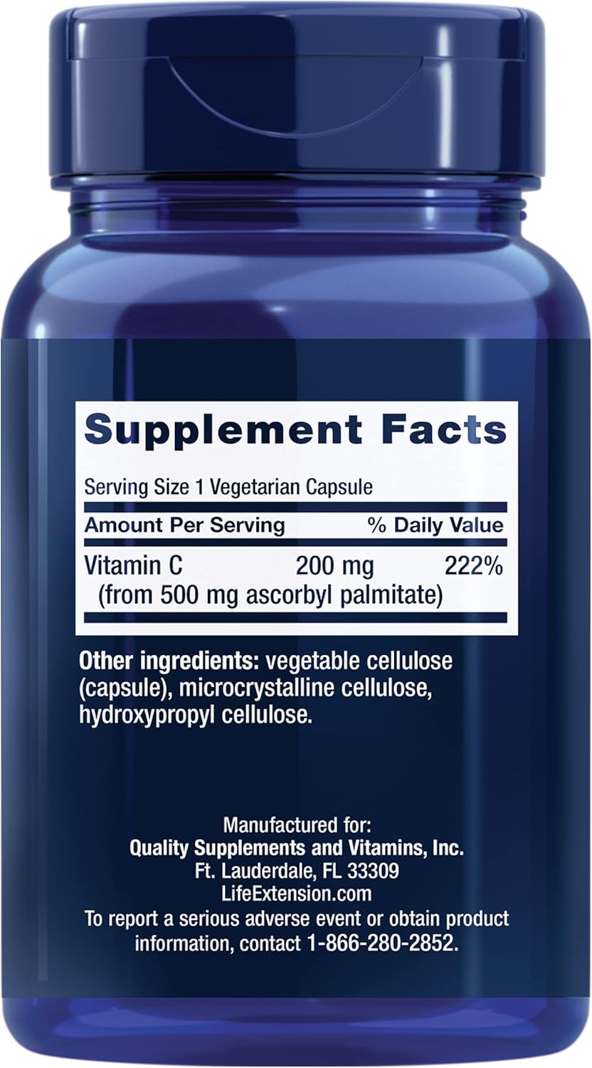500mg Ascorbyl Palmitate: Immune Support & Longevity Supplement - 100 Capsules, Water-Soluble, Gluten-Free, Non-GMO