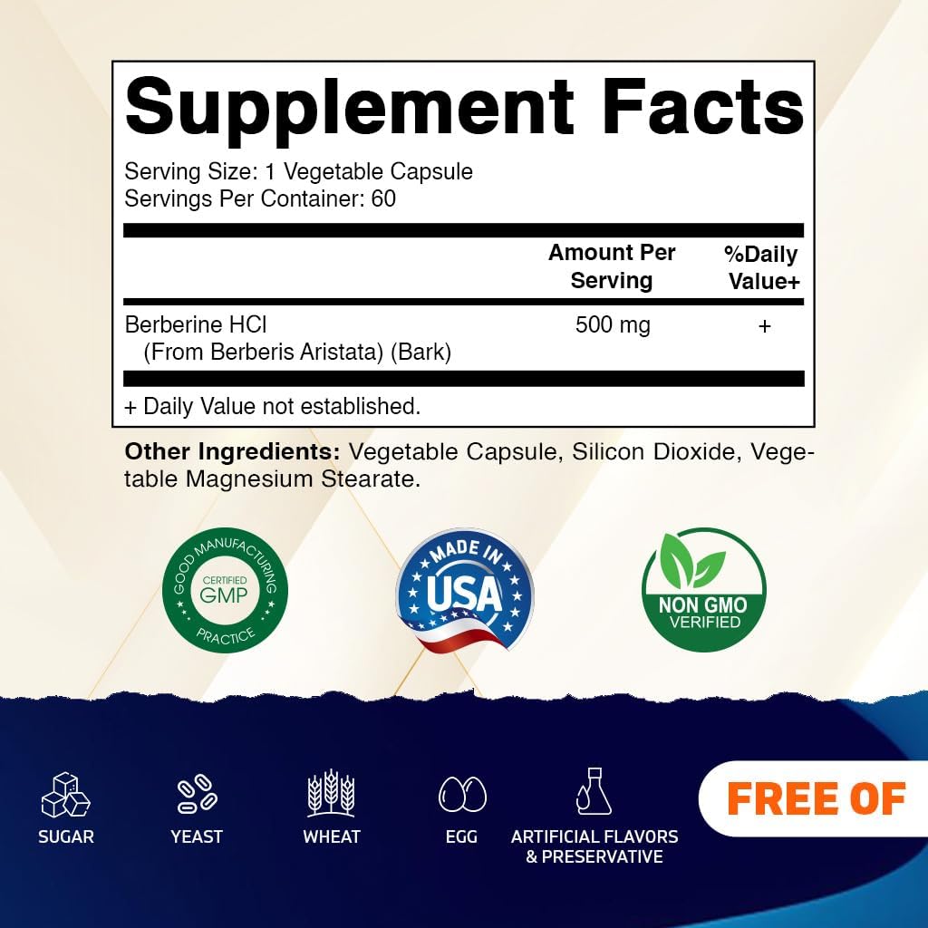 500mg Berberine Supplement - 60 Vegetable Capsules - USA Made - Gluten Free - Non-GMO (1 Bottle)
