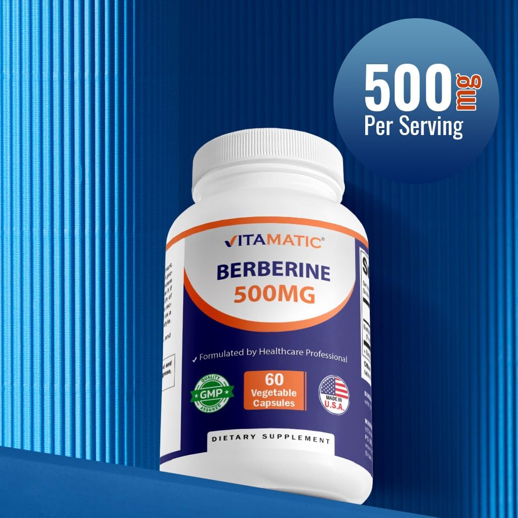 500mg Berberine Supplement - 60 Vegetable Capsules - USA Made - Gluten Free - Non-GMO (1 Bottle)