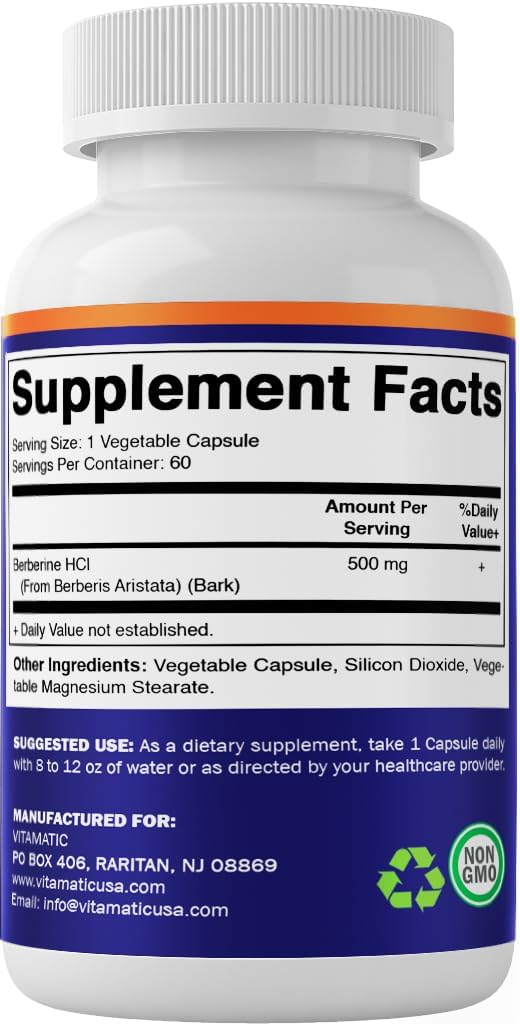 500mg Berberine Supplement - 60 Vegetable Capsules - USA Made - Gluten Free - Non-GMO (1 Bottle)