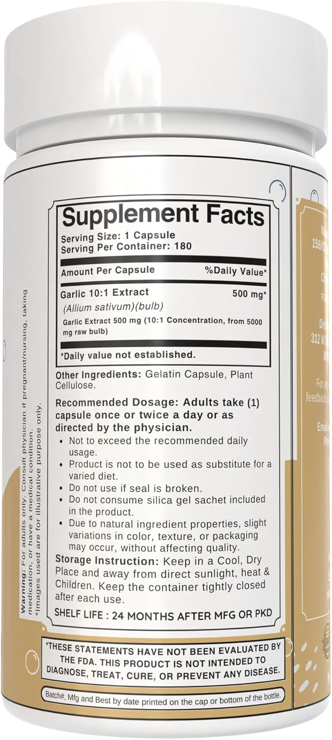500mg Bloofah Garlic Capsules | 10:1 Concentrated Extract | Natural Garlic Supplement | Non-GMO, Gluten-Free | Easy-to-Swallow | 180 Count Pack