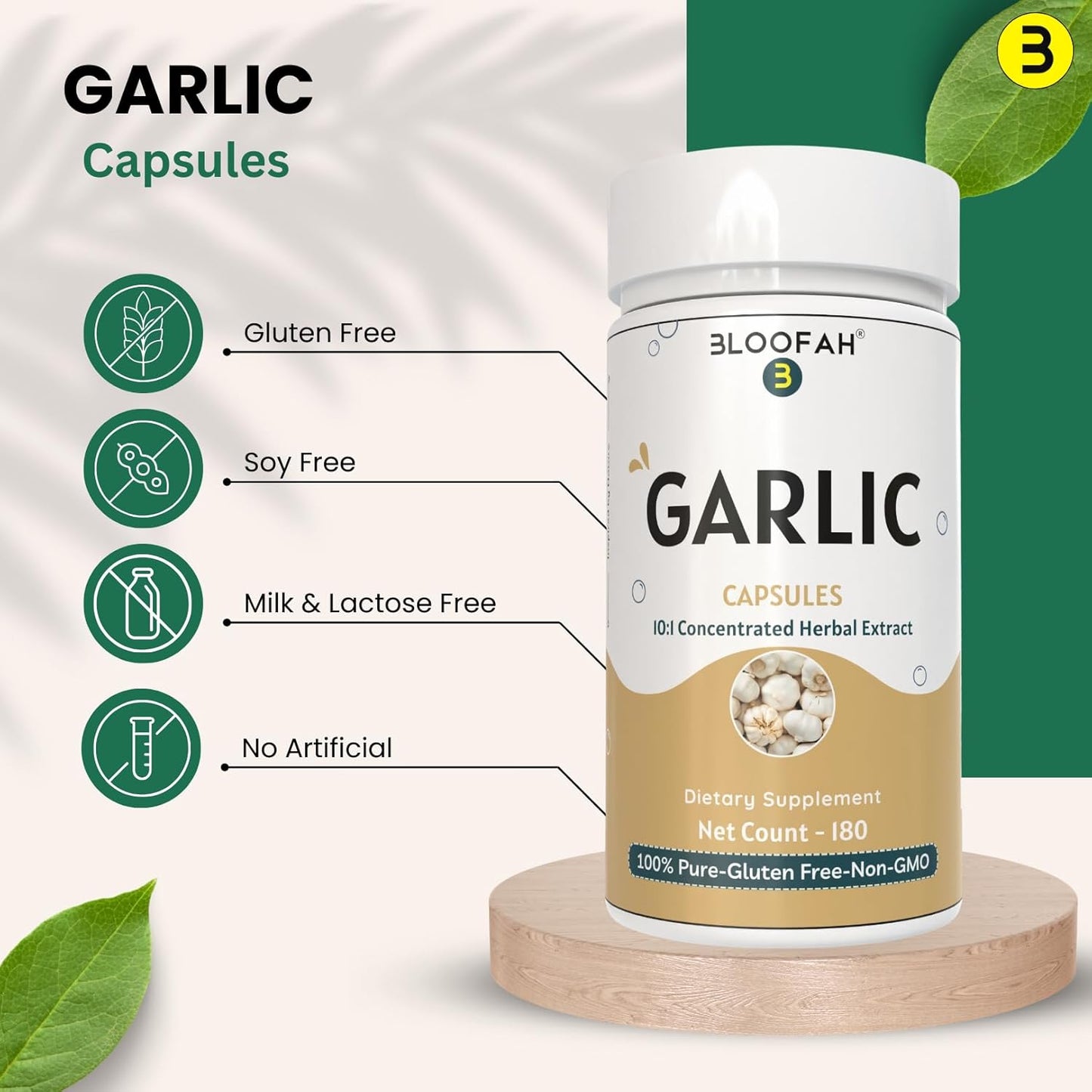 500mg Bloofah Garlic Capsules | 10:1 Concentrated Extract | Natural Garlic Supplement | Non-GMO, Gluten-Free | Easy-to-Swallow | 180 Count Pack