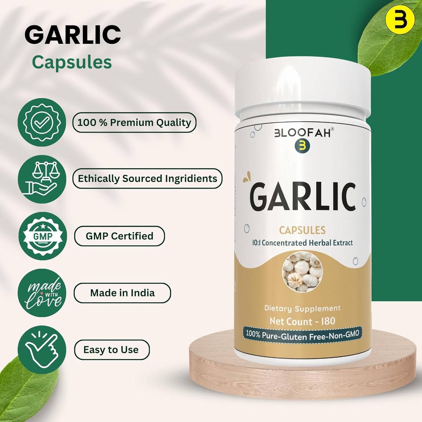 500mg Bloofah Garlic Capsules | 10:1 Concentrated Extract | Natural Garlic Supplement | Non-GMO, Gluten-Free | Easy-to-Swallow | 180 Count Pack