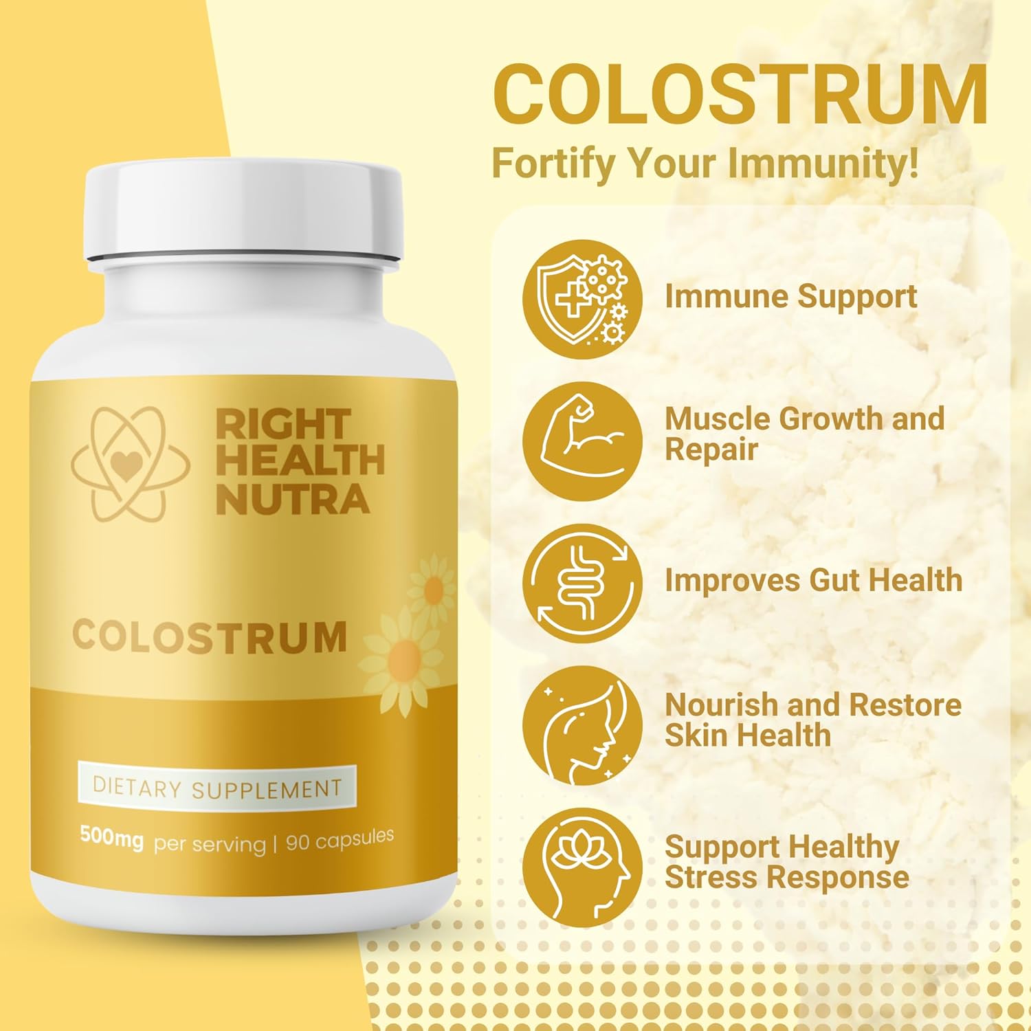500mg Colostrum Bovine Supplement - 90 Capsules for Immune and Gut Health - Rich in Vitamins and Minerals for Overall Wellness