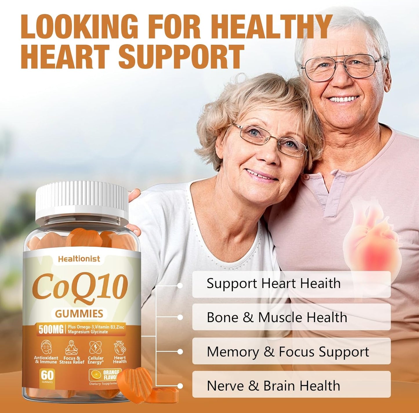 500MG CoQ10 Gummies with Omega-3, Magnesium, Vitamin B3 & Zinc - Heart Health Supplement for Energy & Antioxidant Support - Vegan, 60 Count Pack