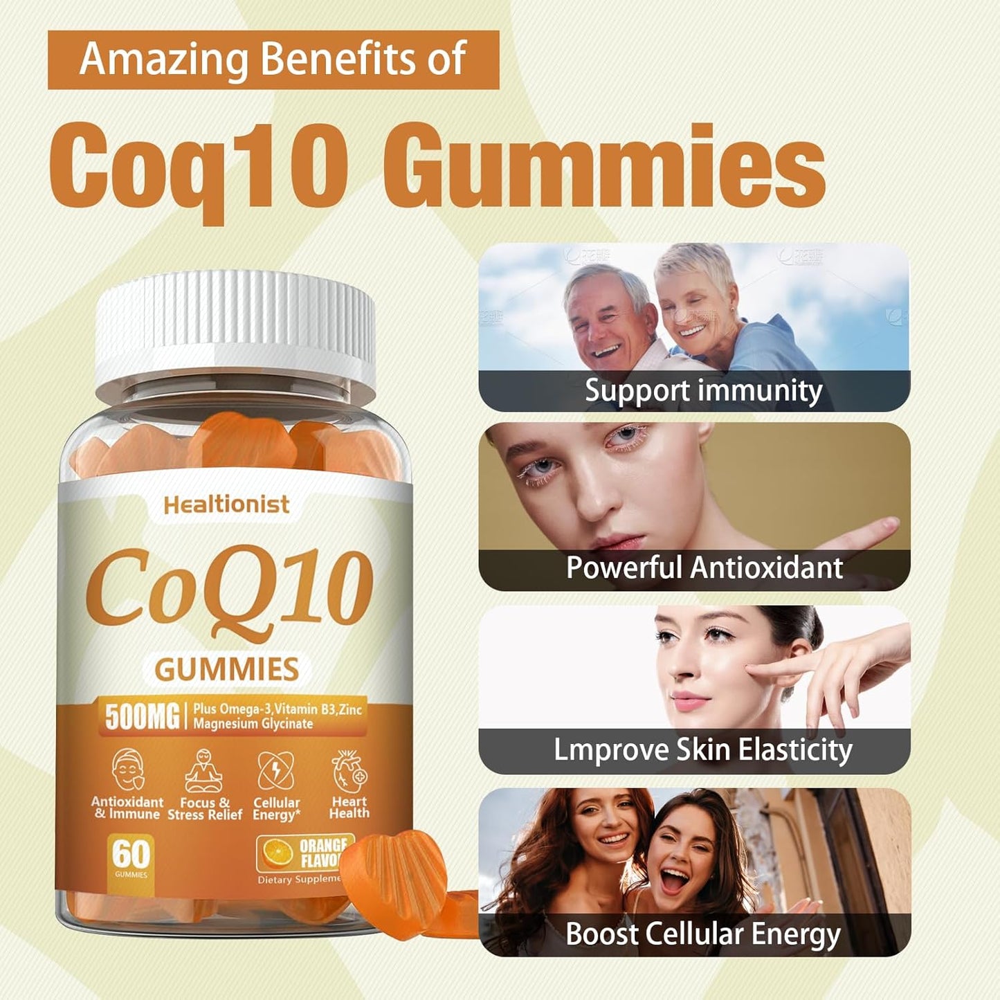 500MG CoQ10 Gummies with Omega-3, Magnesium, Vitamin B3 & Zinc - Heart Health Supplement for Energy & Antioxidant Support - Vegan, 60 Count Pack