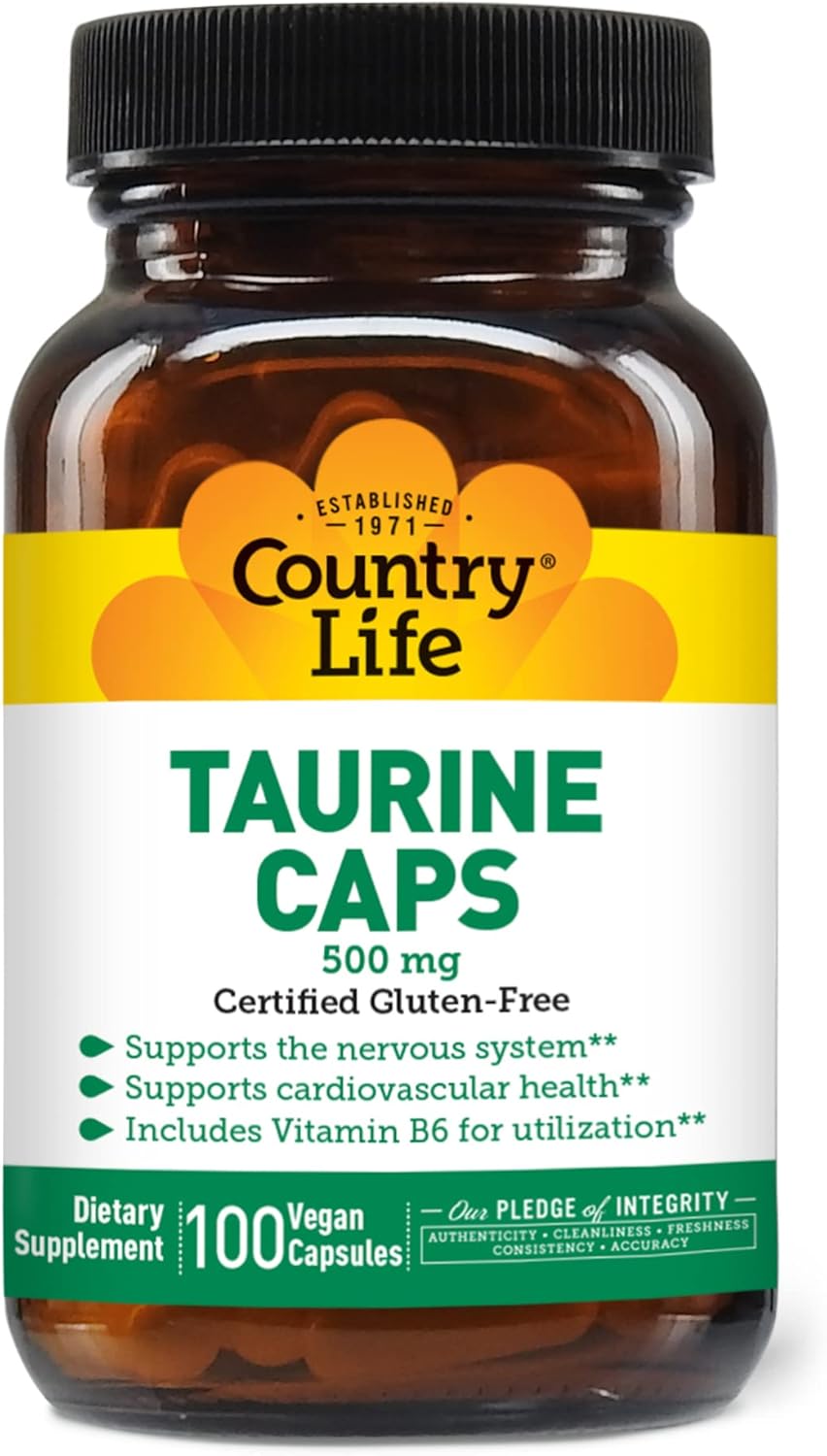 500mg Country Life Taurine Supplement - Promotes Cardiovascular & Nervous System Health - 100 Capsules