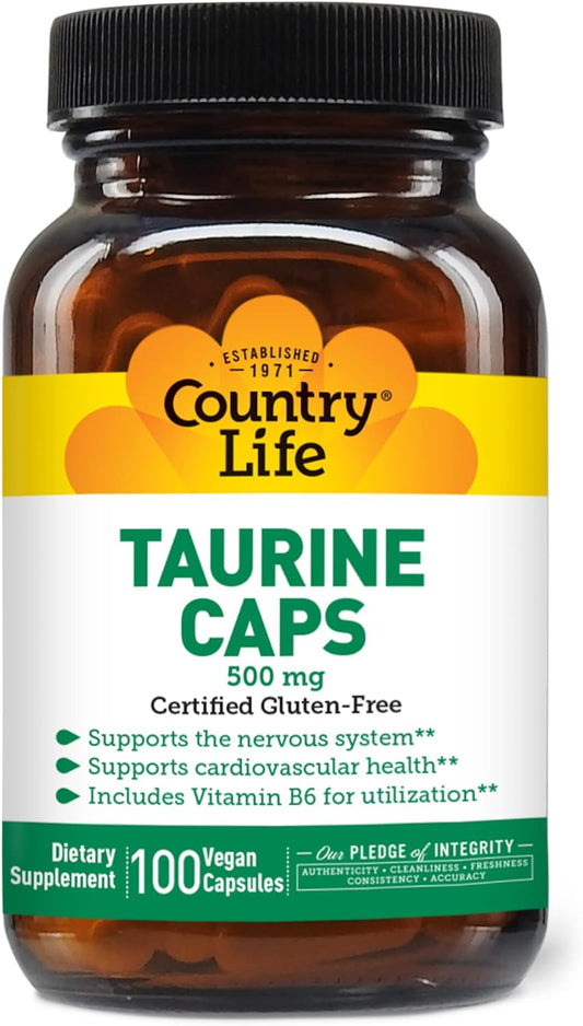500mg Country Life Taurine Supplement - Promotes Cardiovascular & Nervous System Health - 100 Capsules