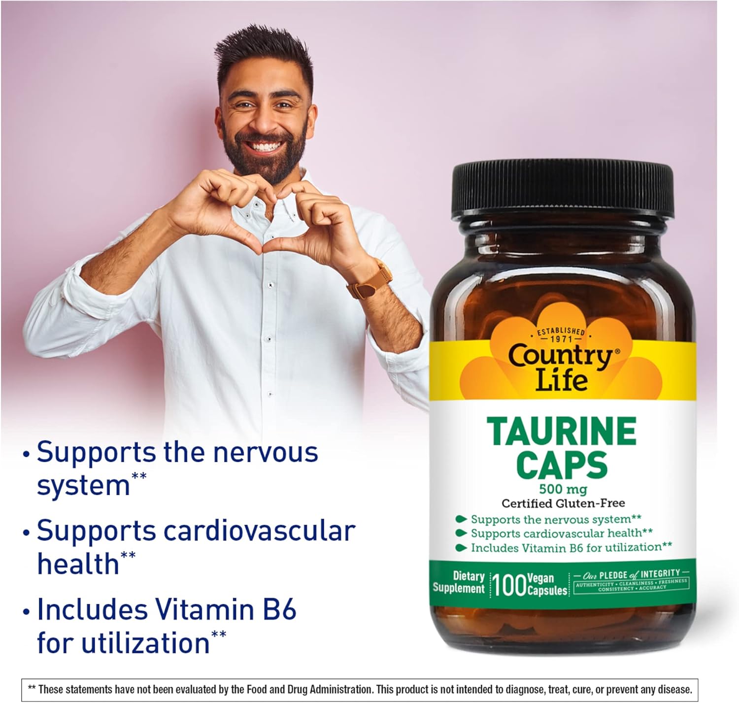 500mg Country Life Taurine Supplement - Promotes Cardiovascular & Nervous System Health - 100 Capsules