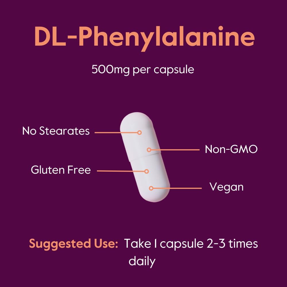 500mg DL-Phenylalanine Capsules - Vegetarian, Vegan, Gluten Free - Non-GMO Formula without Stearates or Fillers (120 Count)