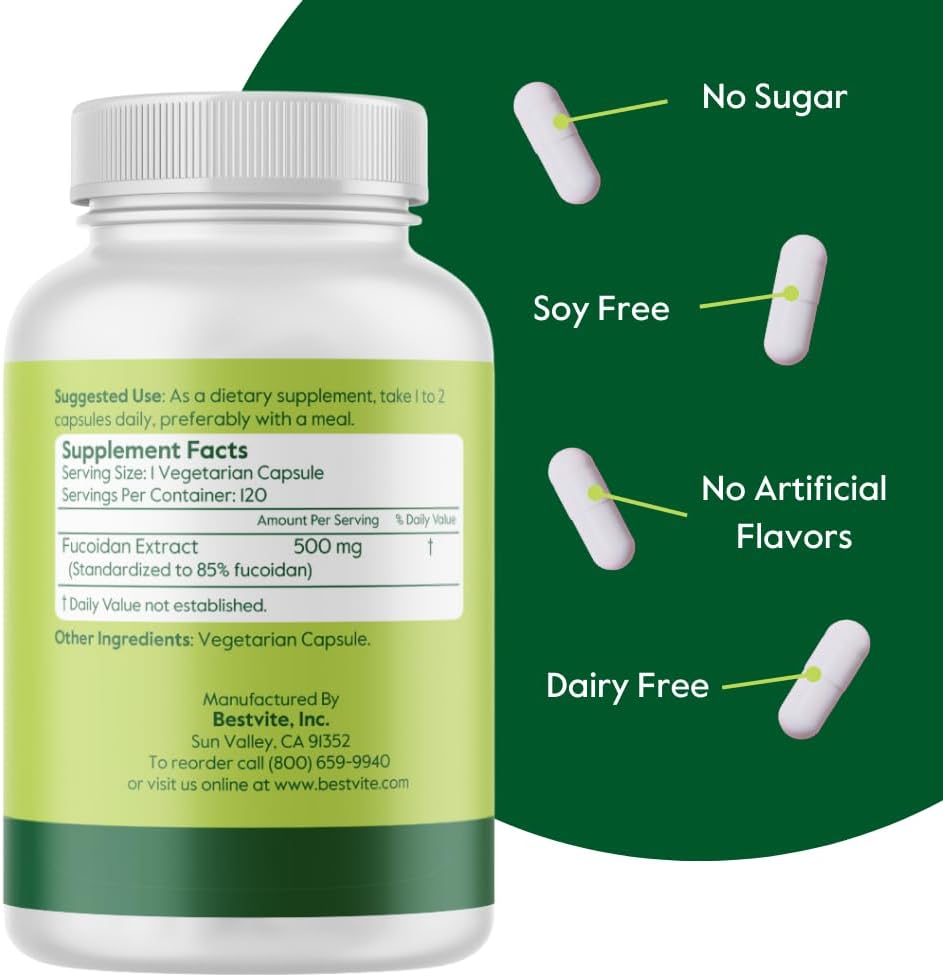 500mg Fucoidan Extract Capsules - 85% Standardized Fucoidan - 120 Vegetarian Capsules - No Fillers