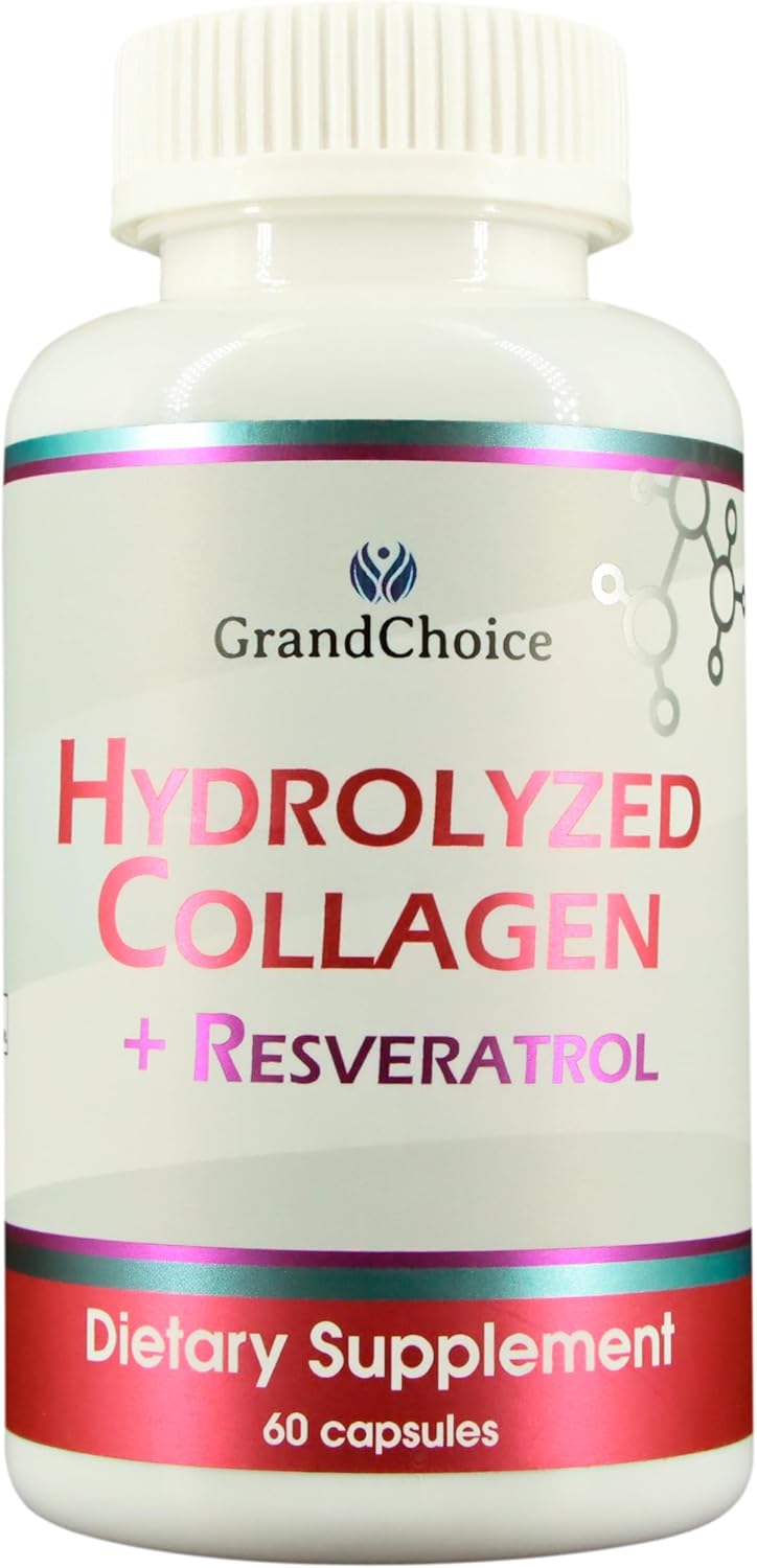 500mg Hydrolyzed Collagen + Resveratrol Capsules - 60 Count - Premium Quality Formula for Skin and Joint Health