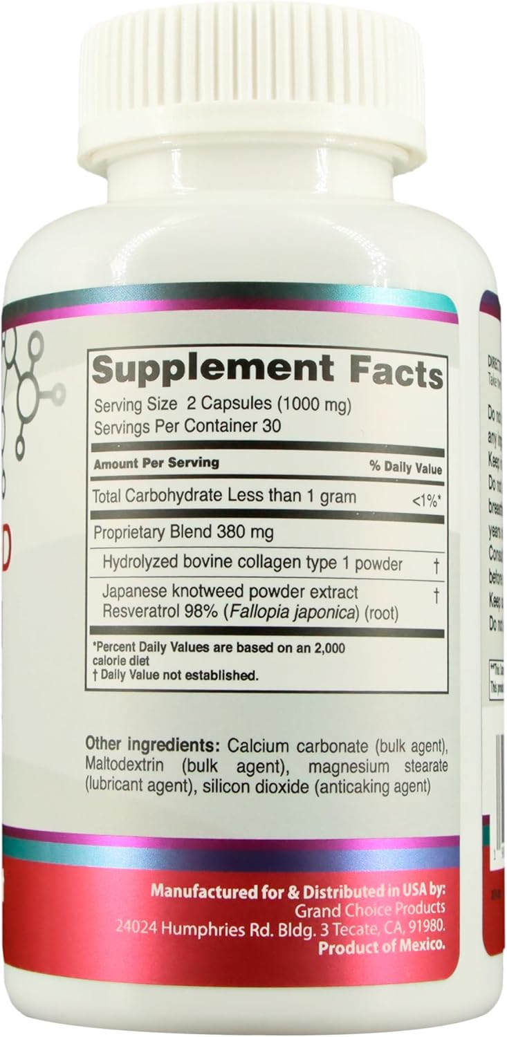 500mg Hydrolyzed Collagen + Resveratrol Capsules - 60 Count - Premium Quality Formula for Skin and Joint Health