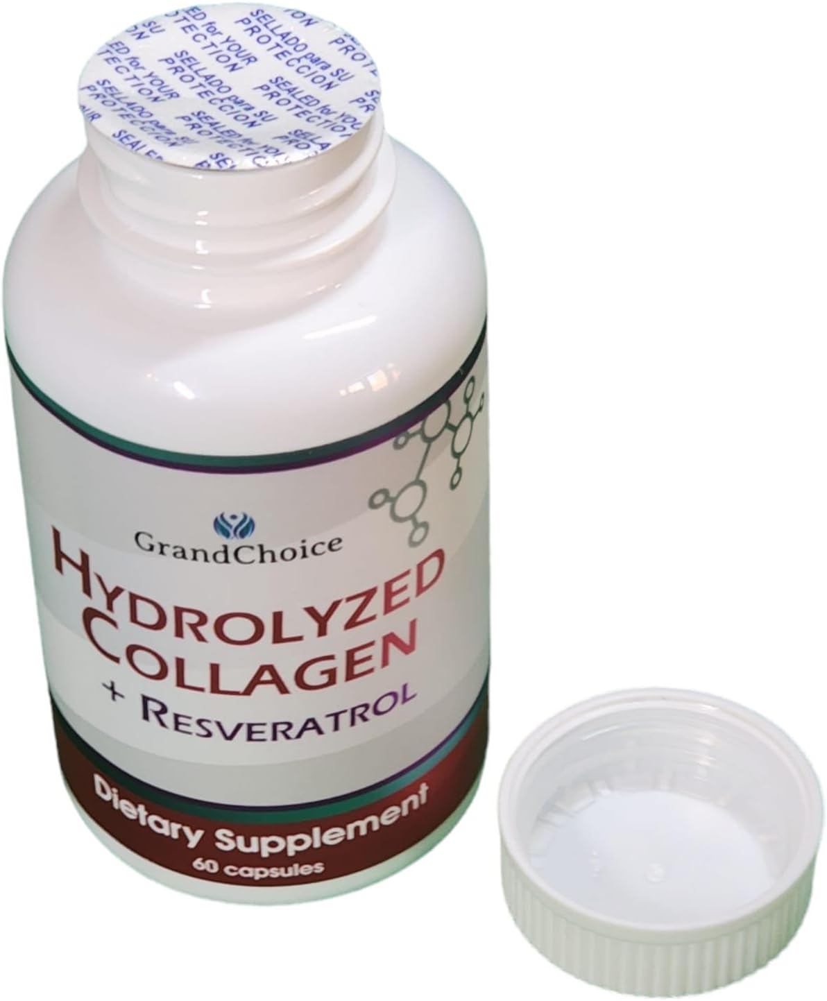 500mg Hydrolyzed Collagen + Resveratrol Capsules - 60 Count - Premium Quality Formula for Skin and Joint Health