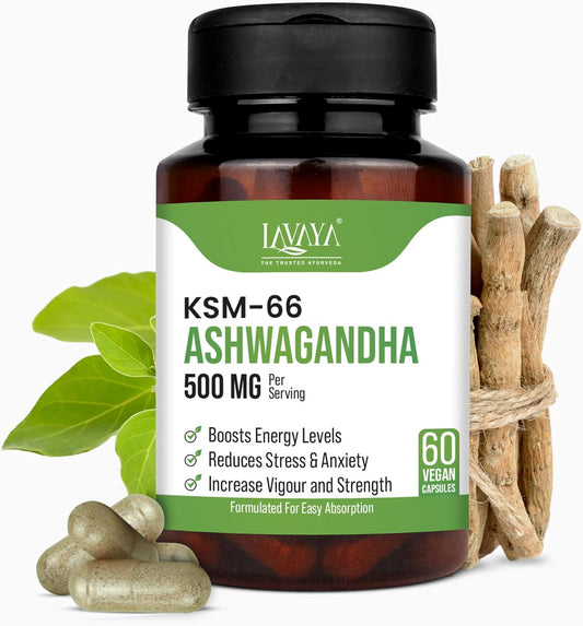 500mg Lavaya Ashwagandha KSM-66 Capsules for Wellness, Cognitive Health, Muscle Strength, and Relaxation - Withania Somnifera Extract - 60 Veg Capsules