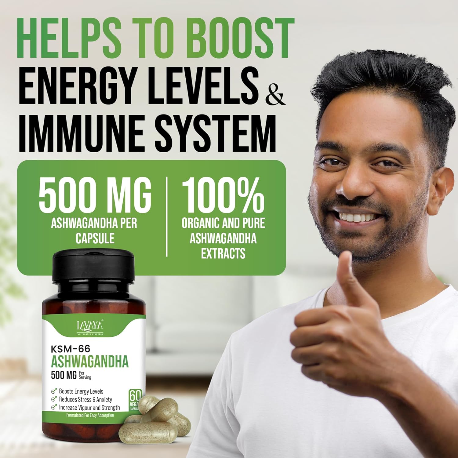 500mg Lavaya Ashwagandha KSM-66 Capsules for Wellness, Cognitive Health, Muscle Strength, and Relaxation - Withania Somnifera Extract - 60 Veg Capsules