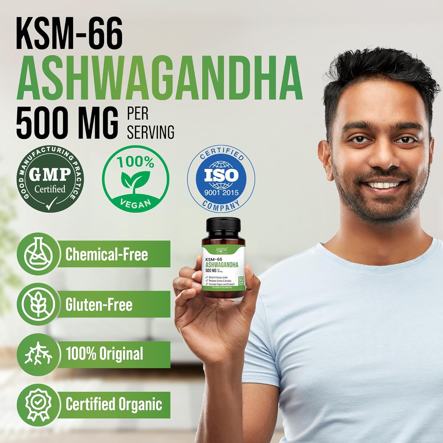 500mg Lavaya Ashwagandha KSM-66 Capsules for Wellness, Cognitive Health, Muscle Strength, and Relaxation - Withania Somnifera Extract - 60 Veg Capsules