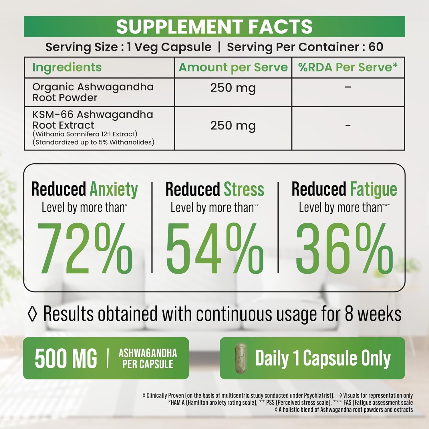 500mg Lavaya Ashwagandha KSM-66 Capsules for Wellness, Cognitive Health, Muscle Strength, and Relaxation - Withania Somnifera Extract - 60 Veg Capsules