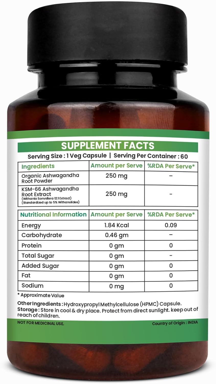 500mg Lavaya Ashwagandha KSM-66 Capsules for Wellness, Cognitive Health, Muscle Strength, and Relaxation - Withania Somnifera Extract - 60 Veg Capsules