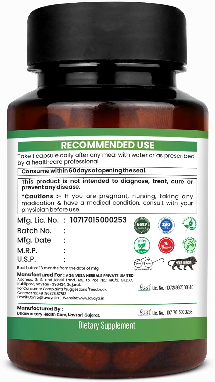500mg Lavaya Ashwagandha KSM-66 Capsules for Wellness, Cognitive Health, Muscle Strength, and Relaxation - Withania Somnifera Extract - 60 Veg Capsules