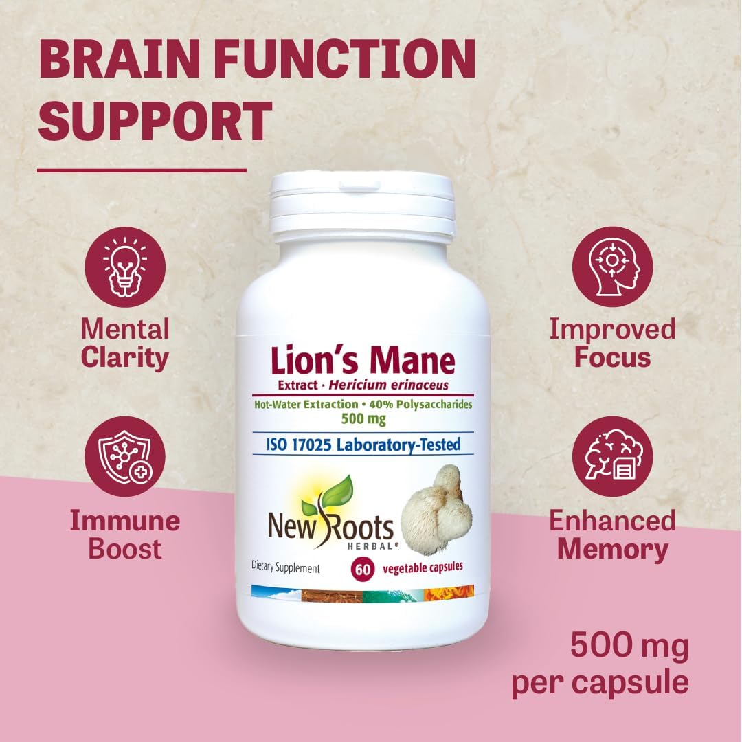 500mg Lions Mane Mushroom Extract Capsules for Memory, Focus & Immune Support | 60 Veggie Capsules by New Roots Herbal