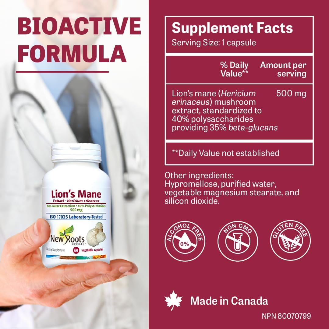 500mg Lions Mane Mushroom Extract Capsules for Memory, Focus & Immune Support | 60 Veggie Capsules by New Roots Herbal