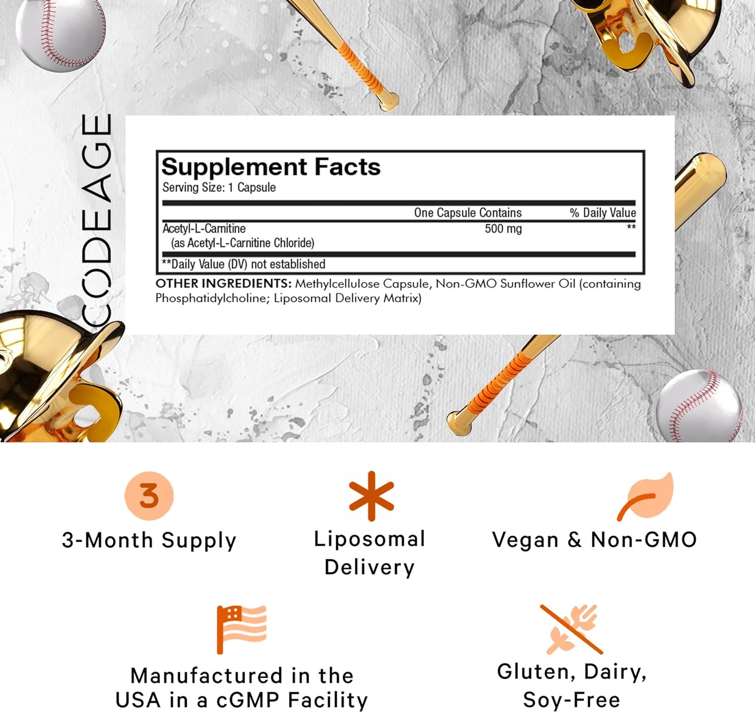 500mg Liposomal Acetyl-L-Carnitine+ Supplement - 3-Month Supply - Alcar, L-Carnitine Capsules - Non-GMO, Gluten-Free