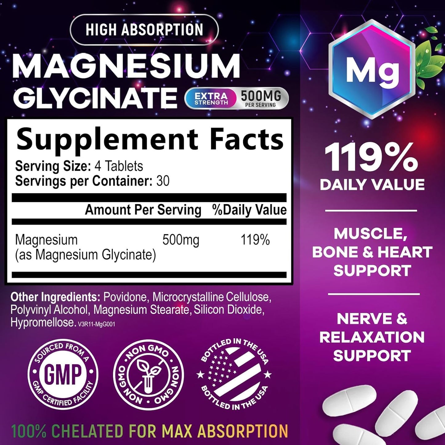 500mg Magnesium Glycinate Tablets for Muscle, Nerve, Bone, and Heart Health - Non-GMO, Gluten Free, Vegan - 120 Tablets