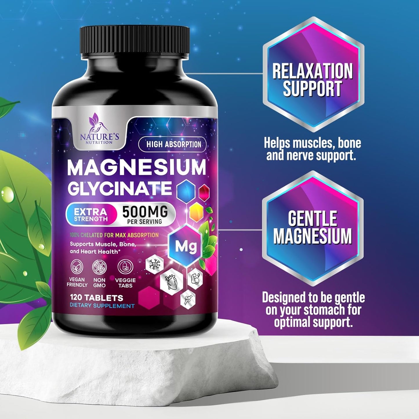500mg Magnesium Glycinate Tablets for Muscle, Nerve, Bone, and Heart Health - Non-GMO, Gluten Free, Vegan - 120 Tablets
