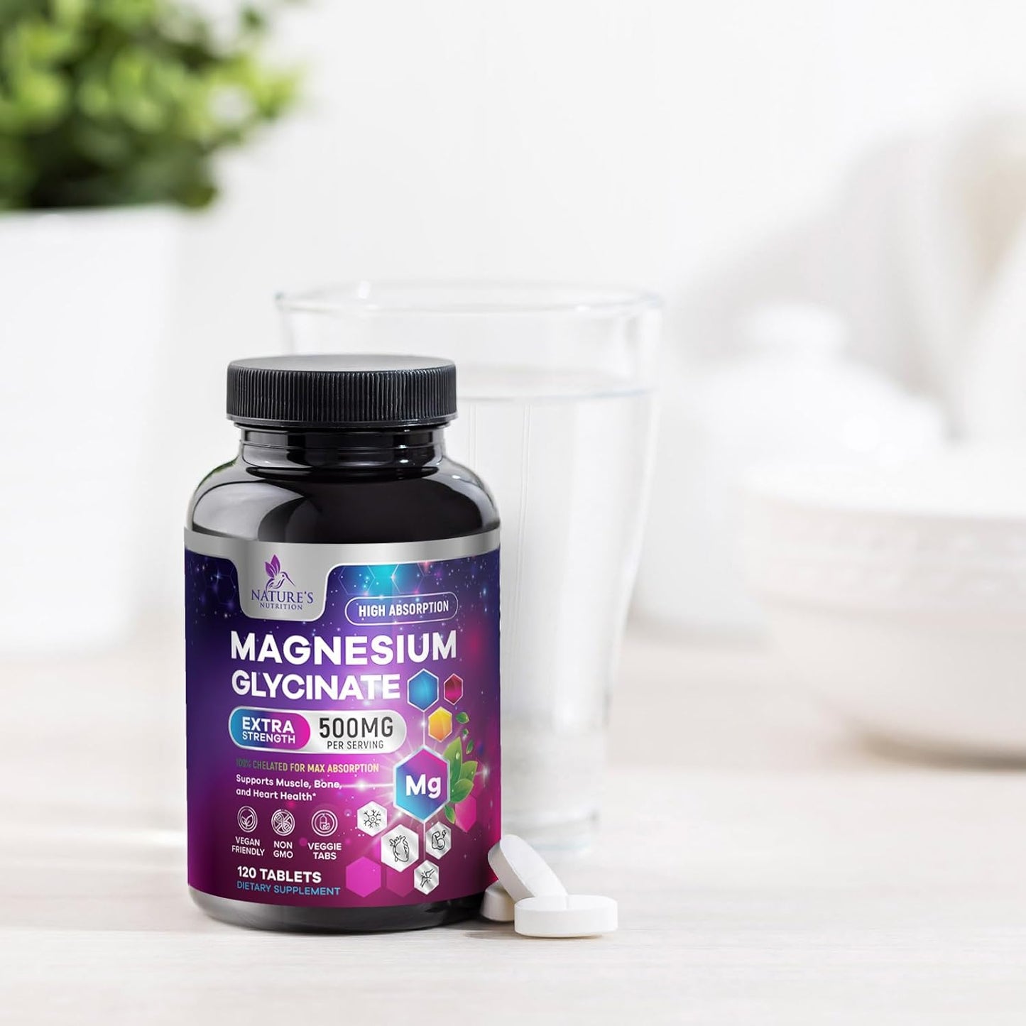 500mg Magnesium Glycinate Tablets for Muscle, Nerve, Bone, and Heart Health - Non-GMO, Gluten Free, Vegan - 120 Tablets